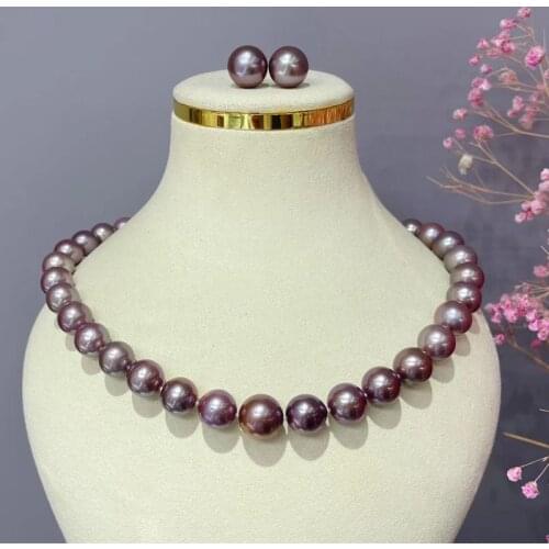 HENGSHENG 11-14mm Natural Fresh Water Deep Purple Round Pearls Necklace With 13-14mm Purple Earrings Females Jewelry Sets