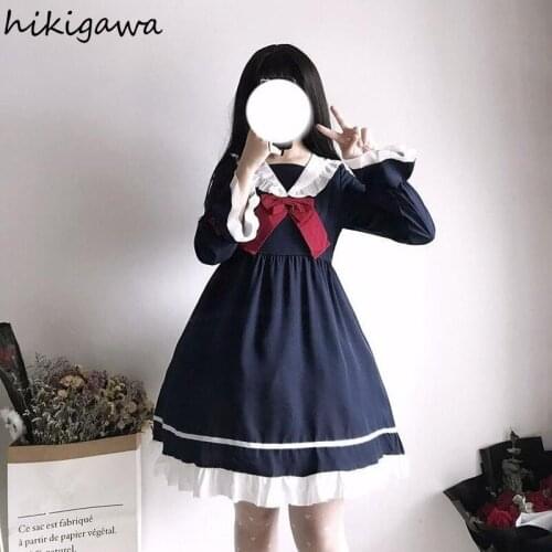 Hikigawa Japanese Woman Dress Sweet Lolita Robe Preppy Style Sailor Collar Long Sleeve Ruffles Vestidos 2021 Kawaii Dresses