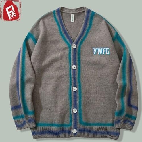 Hip Hop Line Letter Printing Cardigan Sweater Mens Harajuku Streetwear Retro Casual Sweaters Winter Male Oversized Fashion Coat