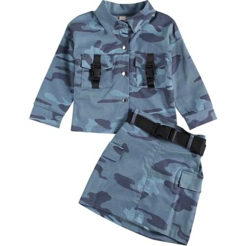 2Pcs Toddler Kids Girls Camouflage Lapel Long Sleeve Shirt+High Waist Short Skirt with Belt Sets 2-7 Years