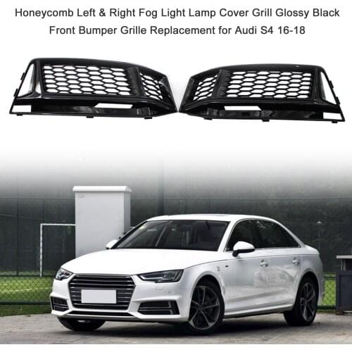 Honeycomb Left & Right Fog Light Lamp Cover Grill Glossy Black Front Bumper Grille Replacement for A udi S4 16-18