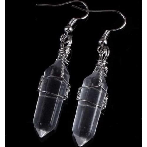 Trendy-beads Silver Plated Natural Rock Crystal Hexagon Wire Wrapped Hanging Earrings For Party Jewelry