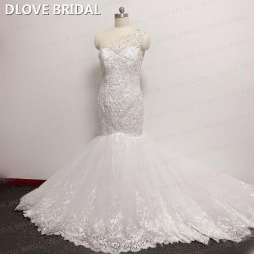 One Shoulder Wedding Dress Luxury Pearl Beaded Lace Mermaid Bridal Gown High Quality New Design Dresses Real Photos