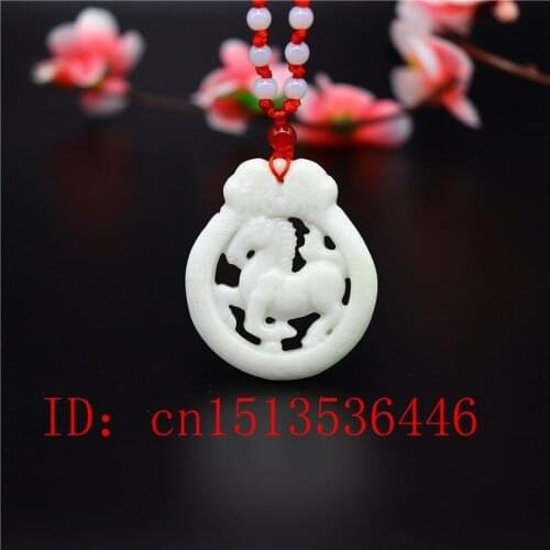 Natural White Jade Horse Pendant Necklace Jewelry Double-sided Carved Amulet Fashion Chinese Gifts Women Men sweater chain