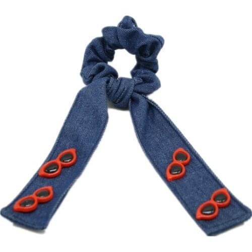 Denim Loop Hair Scrunchie Elastic Bands Solid Color Women Girls Ponytail Holder with sunglasses accessorie