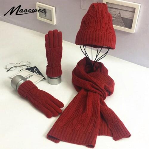 Womens Beanie Hat Autumn Winter Fashion Knit Hat Ladies Hats Wool 3pcs Solid Color Warm Turtleneck Wool Hat Scarf Gloves Sets