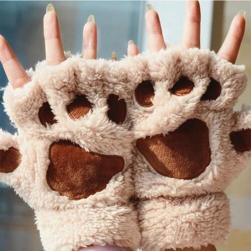 Womens Winter Warm Paw Gloves Fingerless Fluffy Bear Cat Plush Paw Glove Mittens Half Cover Girl Glove Free Shipping