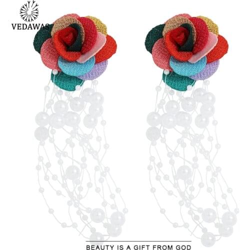 Vedawas New Korean Lace Flower Earrings For Women Wedding Gifts Chic Pearls Tassel Drop Earrings 2021 Hot Fashion Jewelry