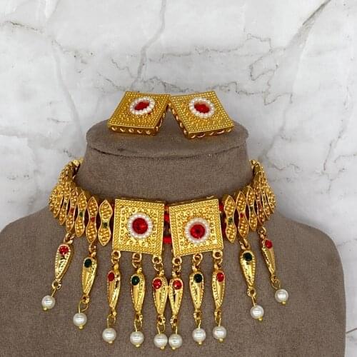 24k Dubai Jewelry sets for Women Saudi Arabia Colored Stone Chokers Habesha Necklace Earrings African Wedding Eritrean Gift 24k