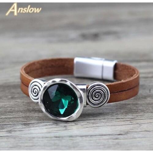 Anslow Fashion Jewelry Personality Design Crystal Real Leather Bracelets For Women Men Best Friend Gift Hot Sale New LOW0758LB