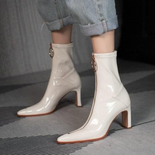 Lady Street Leather Short Boots Patent Leather Solid Color Female Fashion Metal Zipper Boots Pointed Toe Thick Heel Women Shoes