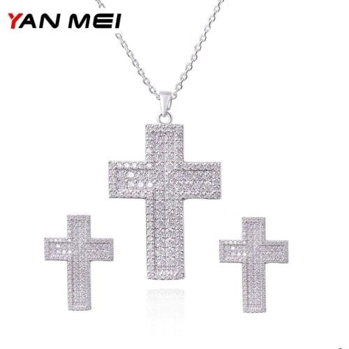 YAN MEI 2018 New Religion Cross Pendant Clear Cubic Zirconia Jewelry Sets Women Christmas Gift GLD0312