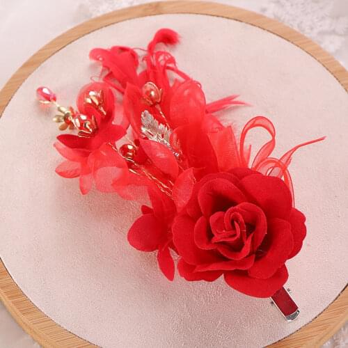 FORSEVEN Red Flower Leaf Feather Shining Crystal Hairpins Clips Headpieces Bride Noiva Wedding Dress Hair Jewelry Accessories