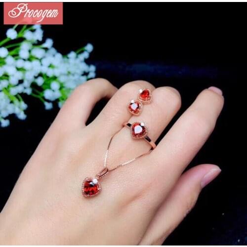 Natural Garnet jewelry sets Heart gems Elegant Necklace Ring Earrings 925 Sterling silver women Bride Jewelry set wholesale #078
