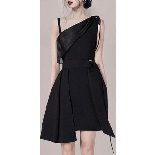 SMTHMA New Fashion Lady Black Summer Dress Women Elegant Sexy Off Shoulder Spaghetti Strap Asymmetical Dress Vestidos
