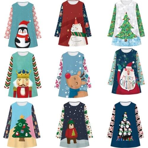 9-12Y 2020 New Kids Dress For Girls Christmas Print Round Neck Long Sleeve A-line Santa Claus Dress Children Clothes Party Dress