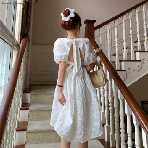 2021 summer new dress sweet and cute square neck bow loose temperament puff sleeve a-line skirt fashionable square neck