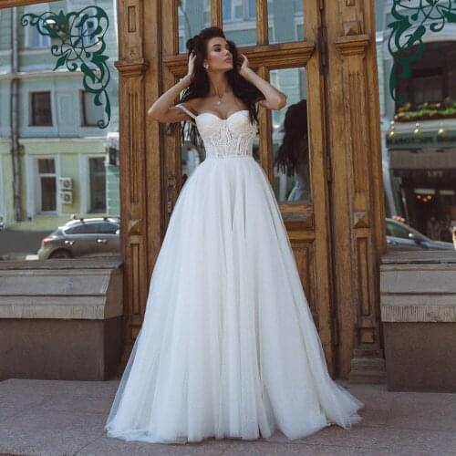 Elegant Sexy A-Line Wedding Dress Sweetheart Spaghetti Straps Lace Bridal Gown Glitter Tulle Brides Dress Vestido de novia 2021