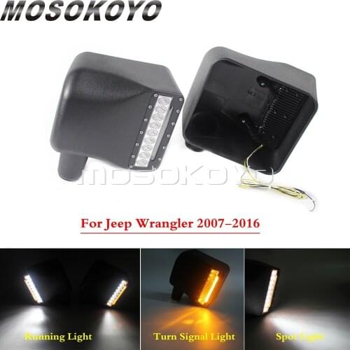2pcs Rearview Side Mirror LED Integrates For Jeep Wrangler 2007-2014 2015 2016 Amber Turn Signal Light w/ Spot Driving Lights