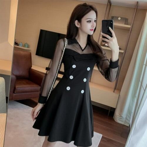 Jielur Black Elegant Dress Korean Mesh Splicing Double-breasted long-sleeved dress Spring Autumn Fashion Slim Party Vestidos