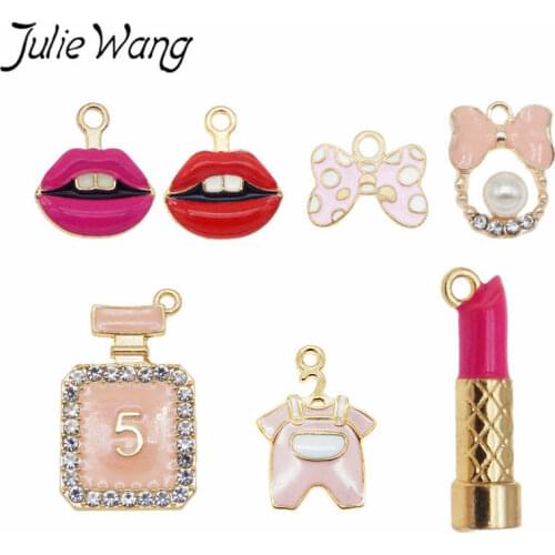 Julie Wang 7PCS Mixed Charms Pink Enamel Lipstick Lip Bottle Gold Tone Metal Pendant Earring Bracelet Jewelry Making Accessory