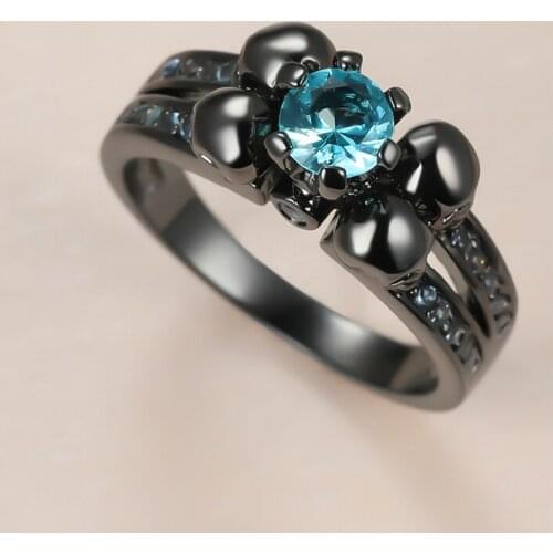 Trendy Male Female Aqua Blue Crystal Ring Vintage Black Gold Wedding Rings For Women Punk Round Zircon Skeleton Engagement Ring