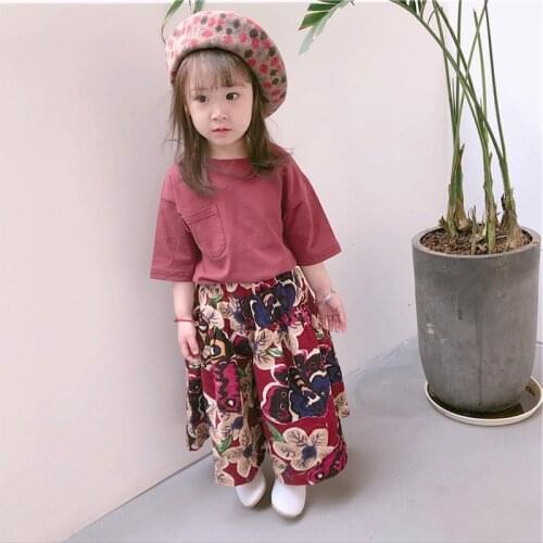 Kids Clothing Set Girls 2021 Summer Half Sleeve Top&flower Wide Leg Pants Pretty Little Girls Clothes 2-6 Years Children Outfits