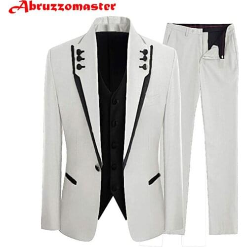 Abruzzomaster Black Edge Jacket for Groom Tuxedos Jacket+pants+Black vest Man Suits White Groomsman Suit Bespoke Suit