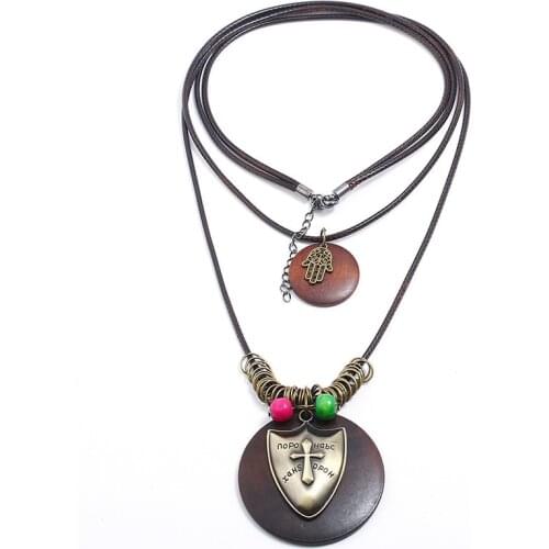 Fashion Vintage Retro Cross Statement Pendant Chain Necklace Long Leather Hamsa Hand Wood Charm Sweater Accessories Jewelry Gift