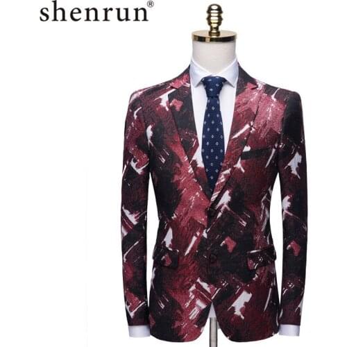 Shenrun Men Blazers Black Red Burgundy Fashion Pattern Print Casual Jacket Slim Groom Signers Host Party Stage Costumes Drummers