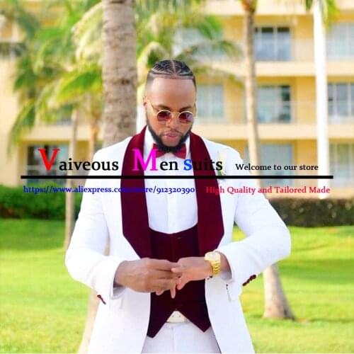 Groomsmen White and Burgundy Groom Tuxedos Shawl Lapel Men Suits 3 Piece Wedding Bridegroom (Jacket+Pants+Vest) Blazer Masculino