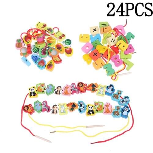 New Wooden toys Baby Cartoon Fruit Animal Stringing Threading Wooden beads toy Educational for Children DIY Toy