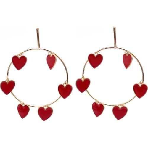 New Korean Big Red Heart Earrings For Women Fashion Sweet Fold Heart Statement Pendant Big Round Earrings Party Jewelry Gift