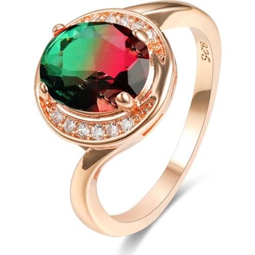 Oval Watermelon Zircon Rainbow Gradient Stone Rings For Women Vintage Fashion Rose Gold Color Wedding Jewelry Engagement Ring