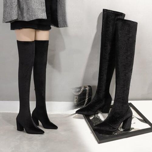 Sexy over-the-knee boots suede thick high heels women boots autumn white black gray party shoes woman long sock boots ladies zip