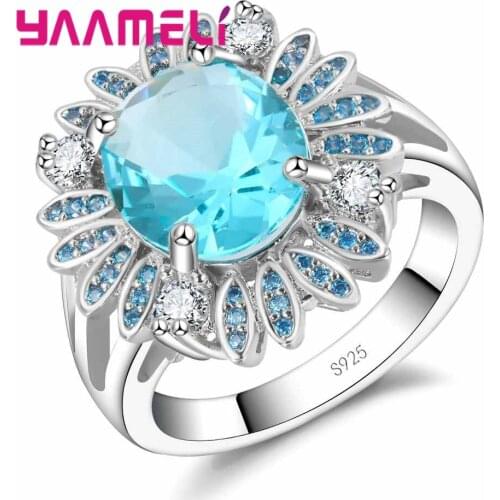 Authentic 100% 925 Sterling Silver Ring Lake Blue CZ Crystal Cubic Zircon Flower Wedding Jewelry for Women Femme