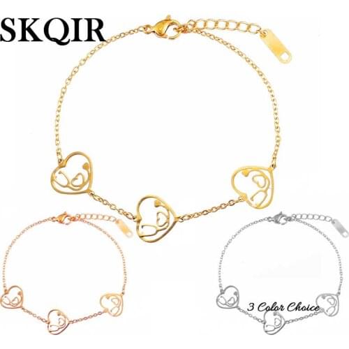 Adjustable Stethoscope Bracelets Personalized Stainless Steel 3 Heart Pendant Chain Bangle for Nurse Doctor Gold Jewelry Gift