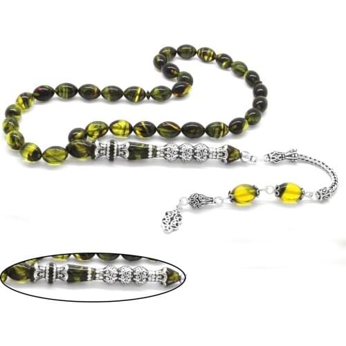 Tesbihane 925 Sterling Silver Tassels Silver Three Balconied Nakkaş İmameli Cottage Yellow Fire Amber Prayer Beads