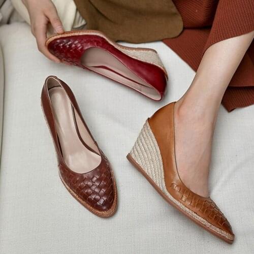 CIALISA Women Shoes 2020 Fashion Comfortable Autumn Slip On Round Toe Wedge Pumps Genuine Leather Casual High Heel Shoes