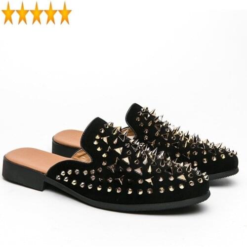 Punk Plus Size Rivet 47 Slippers Men Slip-On Rhinestone Business Casual Loafers England Style Round Toe Leather Shoes
