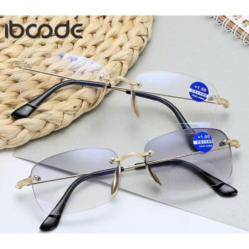 Iboode High Quality Bifocal Anti Blue Rays Reading Glasses Rimless Presbyopic Eyeglasses Diamond Cutting Magnification Eyewear