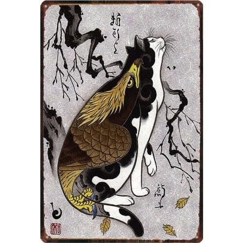 Japanese Samurai Cat Tattoo Cat Shabby Chic Tin Sign Pet Plaque Metal Vintage Wall Art Home Bar Decoration 30X20CM DU-2382