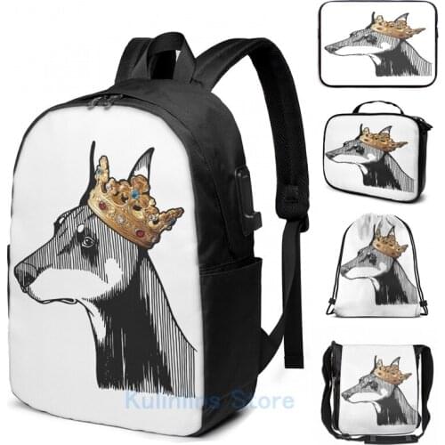 Funny Graphic print Doberman Pinscher Dog Wearing Crown USB Charge Backpack men School bags Women bag Travel laptop bag