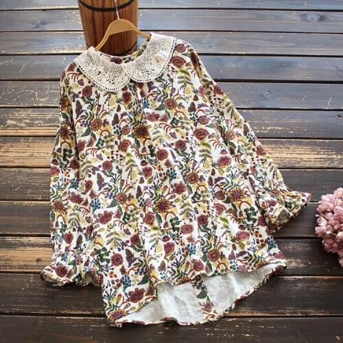8726 New Spring Women Blouse Japan Style Mori Girl Lace Peter Pan Collar Ruffle Sleeves Print Cotton Shirt Women