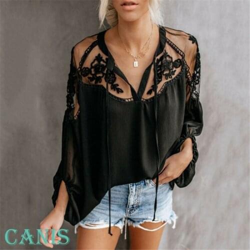 2019 Ne Ladies Boho Mesh Lace Hook Flower Lantern Sleeve Loose Short Chiffon Blouse Shirts Women Fashion Casual Blouses