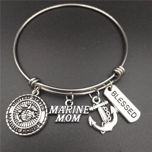 Marine Mom Charm Love Bracelets Stainless Steel Adjustable Wire Bangle Womens Fashion Birthday Jewelry DIY Gifts