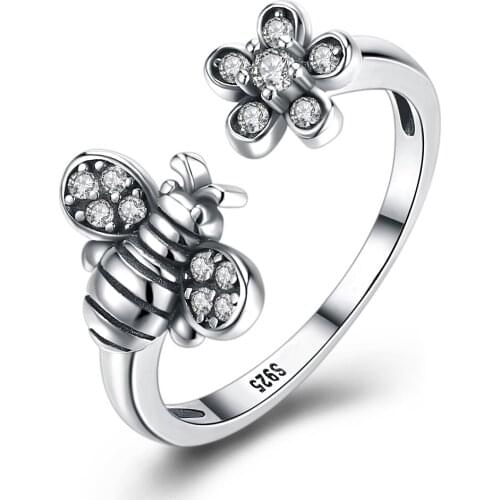 ZEMIOR Real 925 Sterling Silver Cute Bee Flower Open Adjustable Vintage Rings For Women Luxury Cubic Zirconia Fine Jewelry