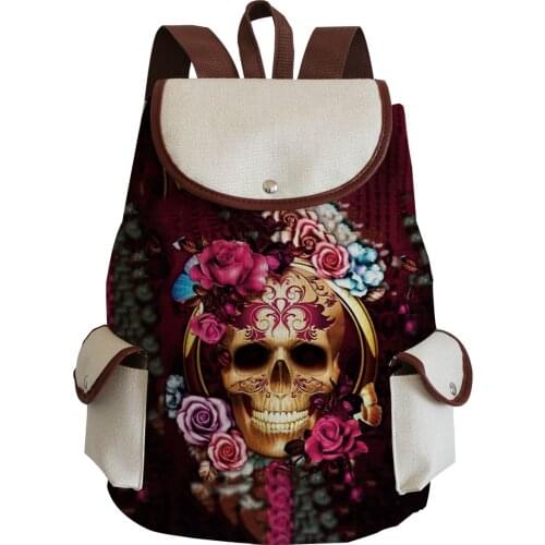 Skull Red Floral Printed Handbag Halloween Backpack Ladies Cool Retro Drawstring Backpack Cartoon Portable Drawstring Backpack