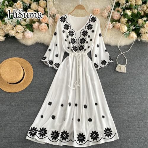 2021 spring new womens V-neck flare sleeve embroidery lace-up waist cotton with linen A-line dress female Chic elegant dresses