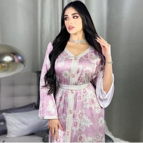 Sweet Floral Arabic Long Dress for Women Fashion Ribbon Trim V Neck Full Sleeve Jalabiya Muslim New Dubai Abaya Pink Islamic